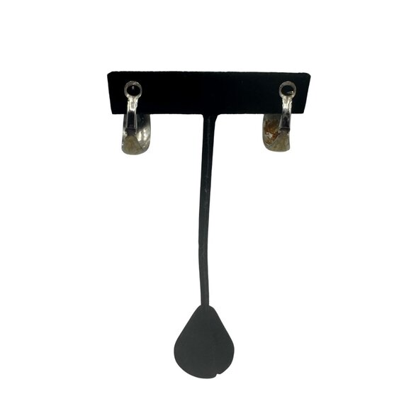 Vintage Silver & Greenish Tan Leverback Hoop Earrings Fashion Basic - Picture 4 of 4